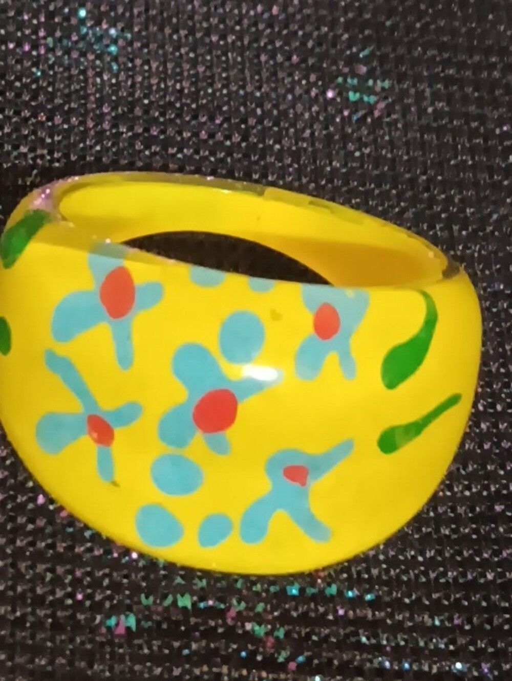 Yellow W/ Blue Flowers Bubble Ring Sz 7 EUC 90s/Y2K Resin/Plastic